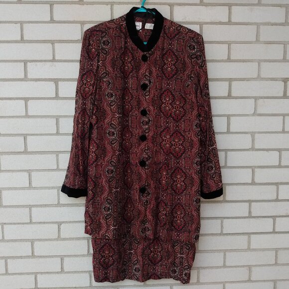 Vintage Burgundy Rayon Dress Size 16 Black Velvet Band Collar Cuffs Buttons Kari - Picture 1 of 11